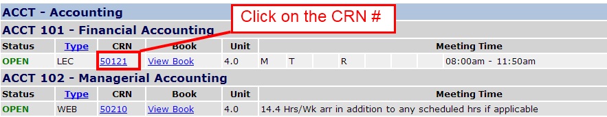 Screen Capture of class schedule showing where to click on the CRN.