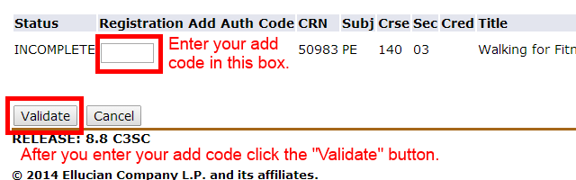 Image showing to enter the add code and then click the "Validate" button