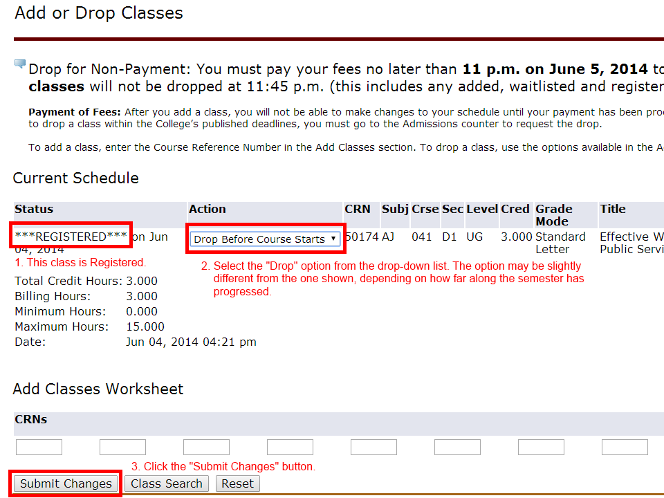 Image showing how to select the drop option and click the "Submit" button to drop a registered class.