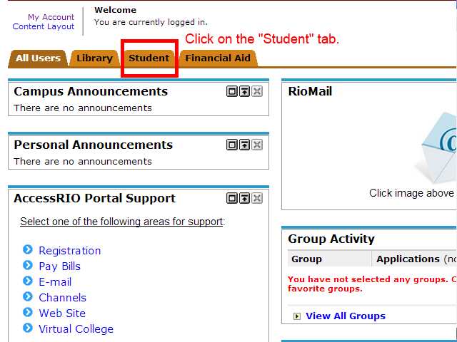 Image showing to click on the "Student" tab.