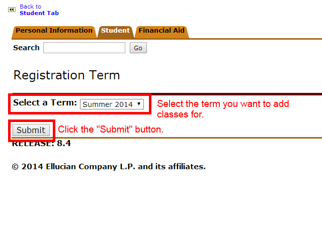 Image showing to select the term you want to add classes for and then to click the Submit button.