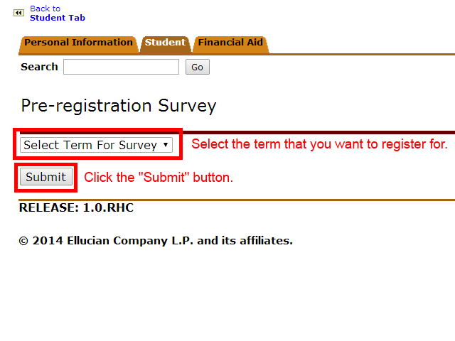 Image showing to select the term to be registered for and click the "Submit" button.