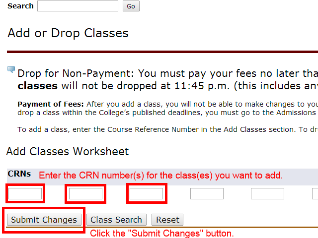 Image showing to enter CRN number and click the "Submit" button.
