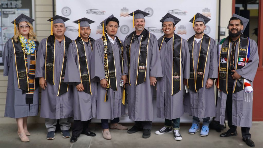 students in graduation gowns and caps