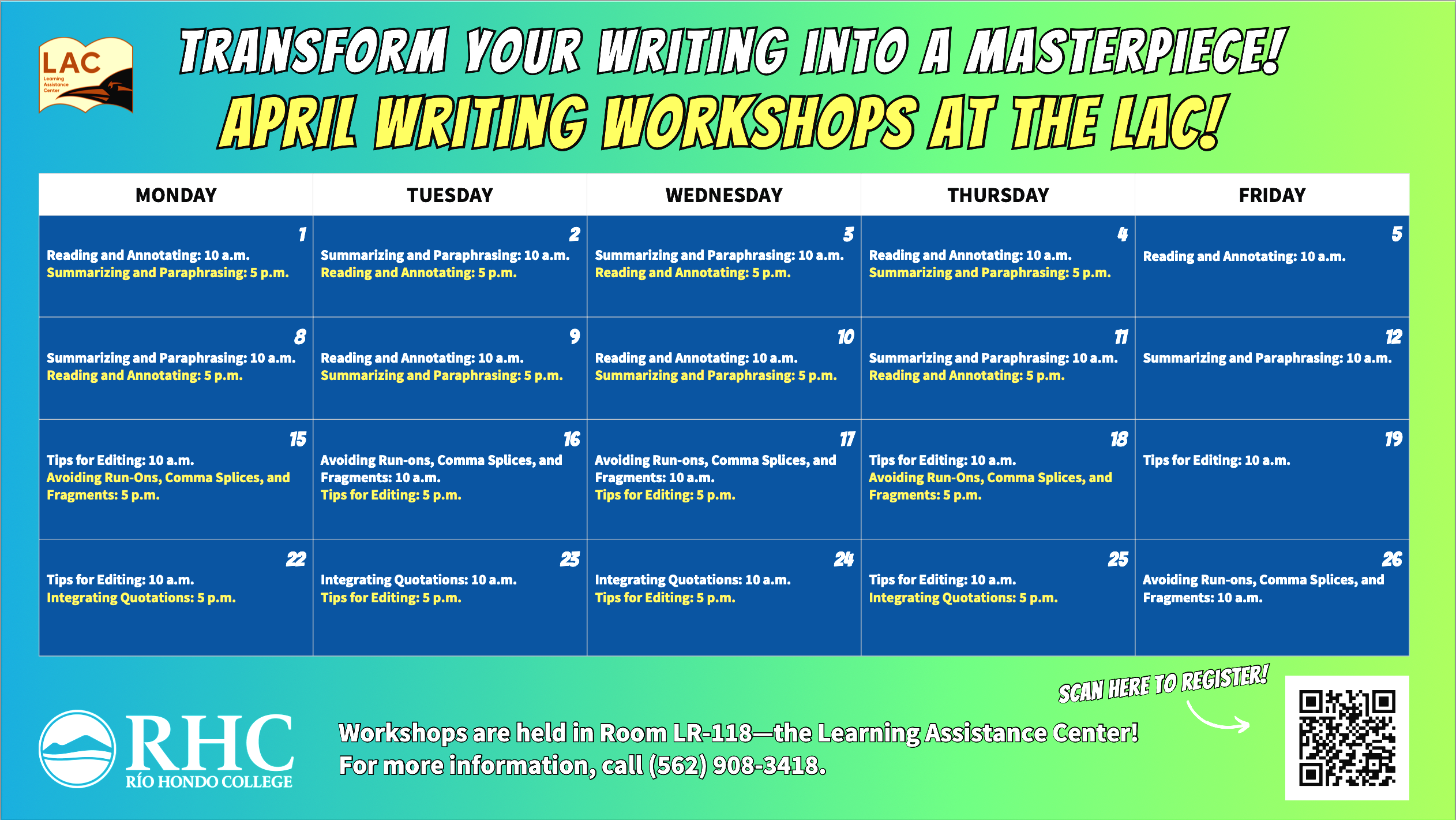 April Writing workshops at the LAC