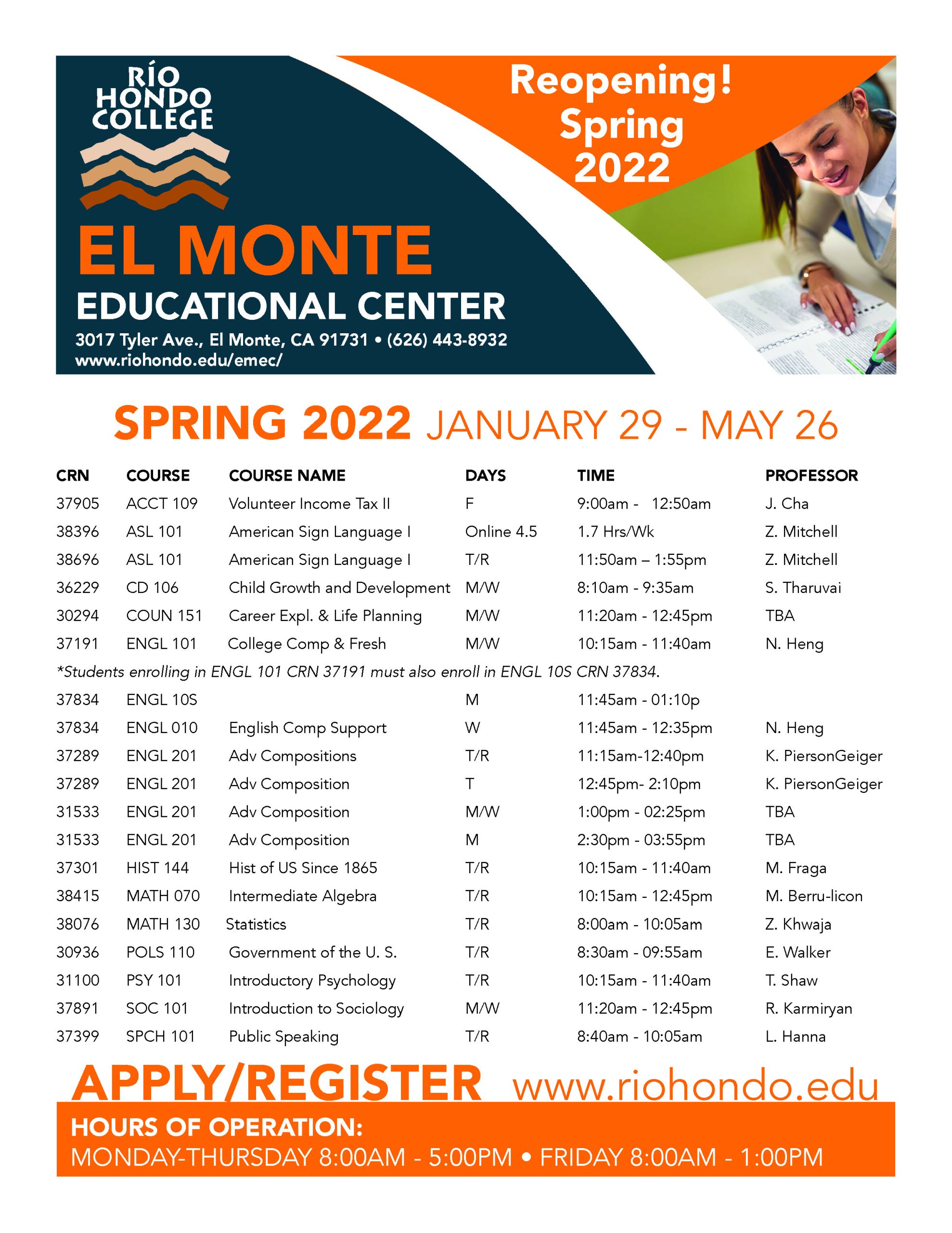 El Monte Courses spring 2022
