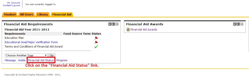 Image showing to click on the "Financial Aid Status" link.