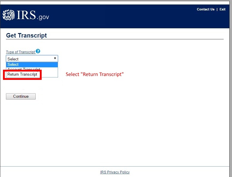 Image showing to select "Return Transcript