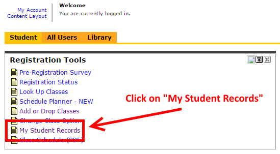 Image showing to click on the "My Student Records" link