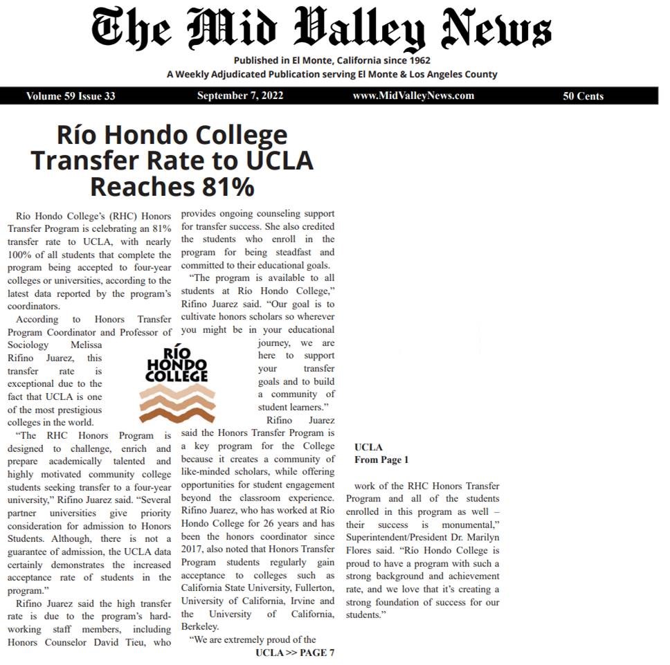 Río in the News: Transfer Rate to UCLA Reaches 81% (Mid Valley News)
