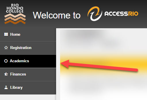 Access Rio screenshot example showing where to click on Academics