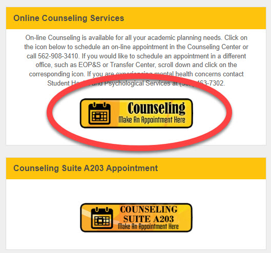 Access Rio screenshot example showing where to click on Counseling button