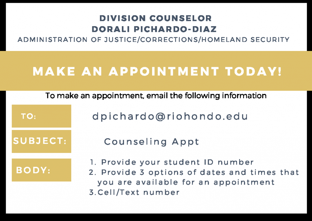 Appointment Card - Division Counselor Dorali Pichardo-Diaz, Administration of Justice/Corrections/Homeland Security