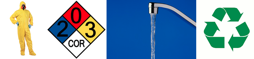 collage of environmental science related images: person in hazmat suit, MSDS sign, tap with running water, recycling symbol