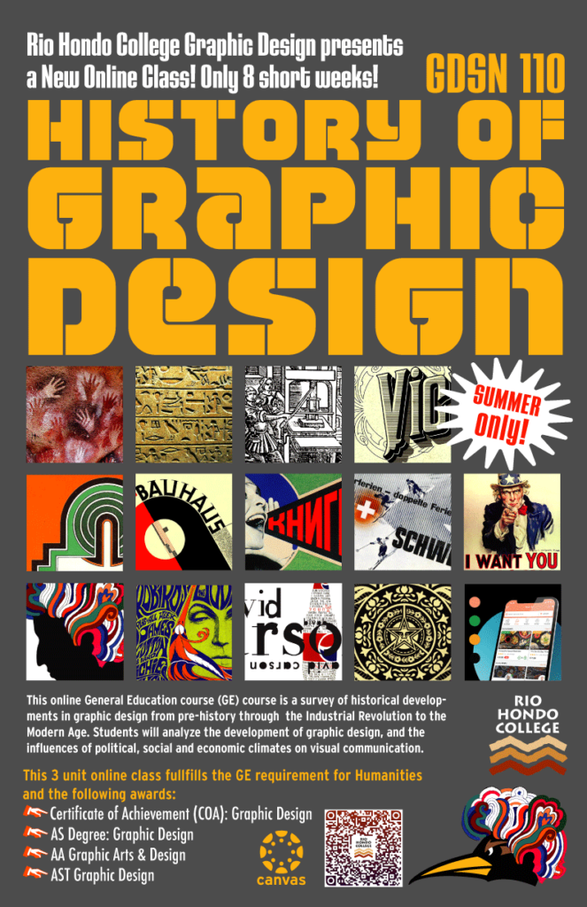 GDSN 110 History of Graphic Design online class flyer.