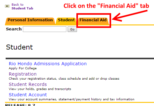 Financial Aid tab within AccessRío