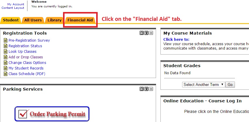 Displays the Financial Aid tab within AccessRio