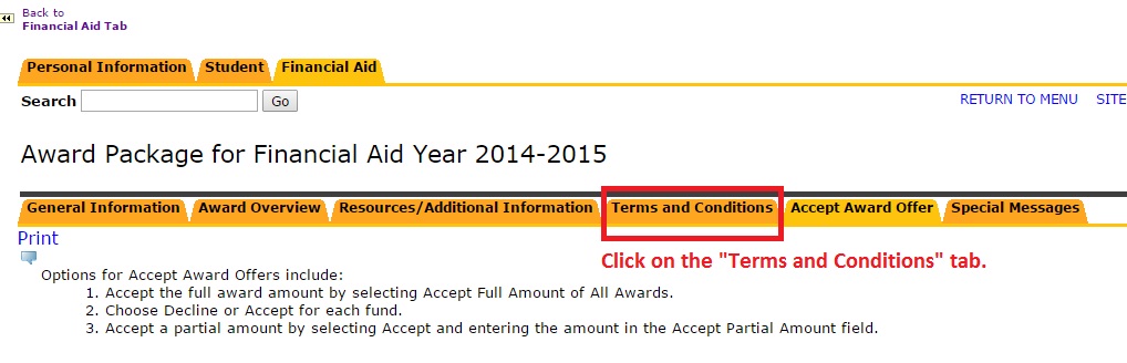 Displays Terms and Conditions Tab within AccessRio
