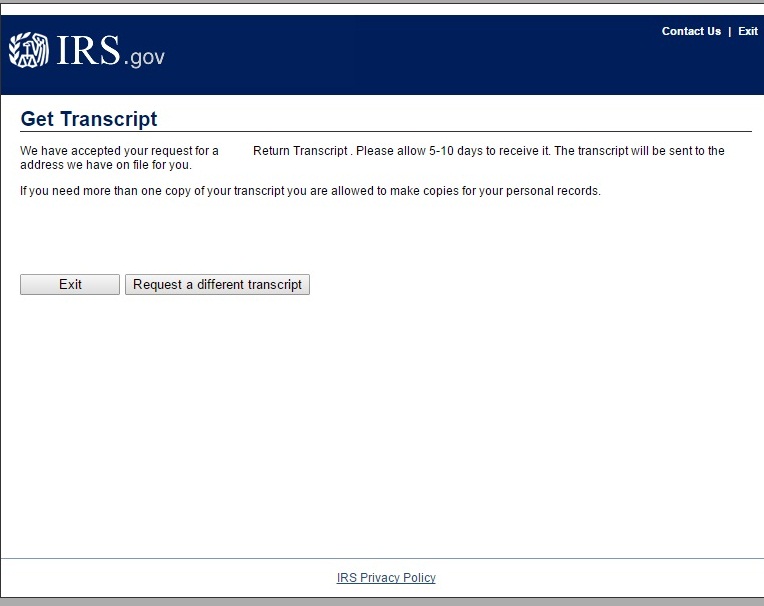 Confirmation screen for ordering tax transcripts on irs.gov website