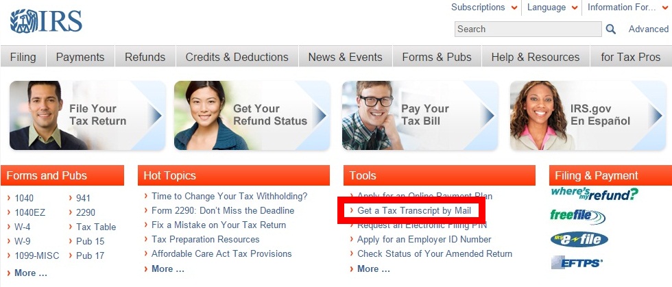 Get a Tax Transcript by Mail on irs.gov website