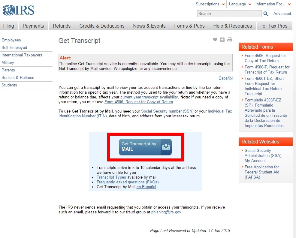 Get Transcript by Mail button on irs.gov website