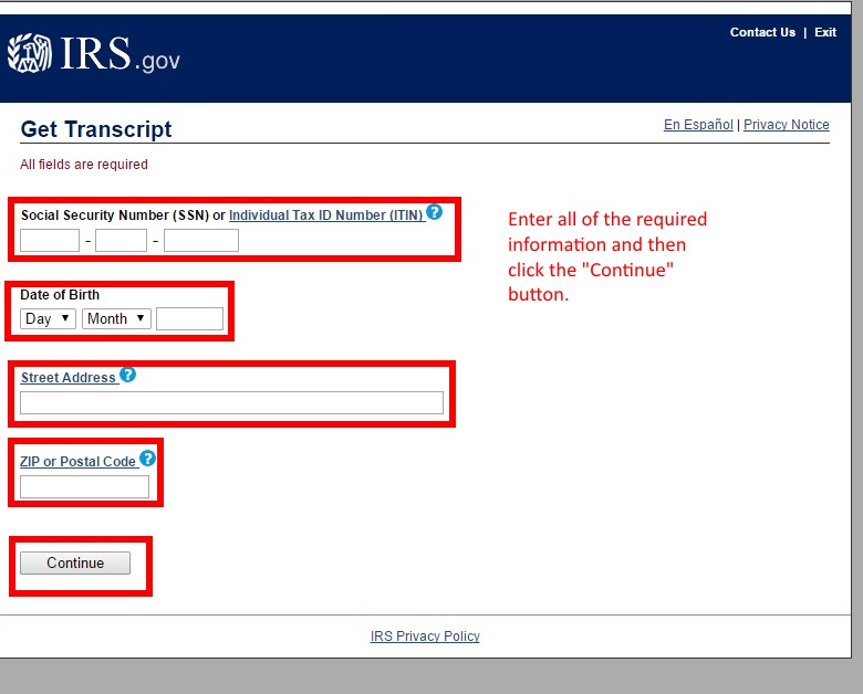 Form for requesting tax transcript on irs.gov website