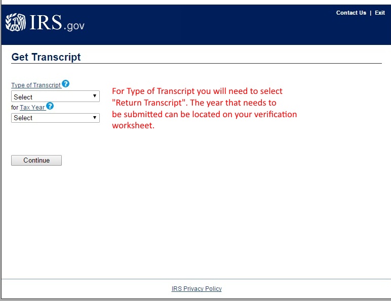 Year and Type dropdown on irs.gov website for requesting tax transcript