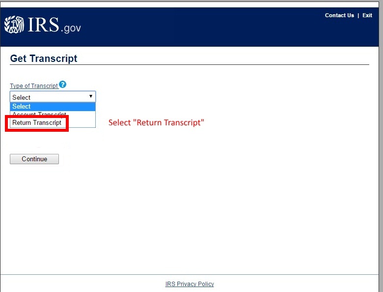 Type dropdown options for tax transcript on irs.gov website