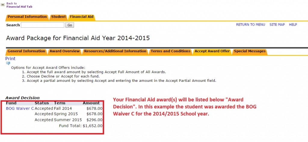 Financial Aid Awards within AccessRio