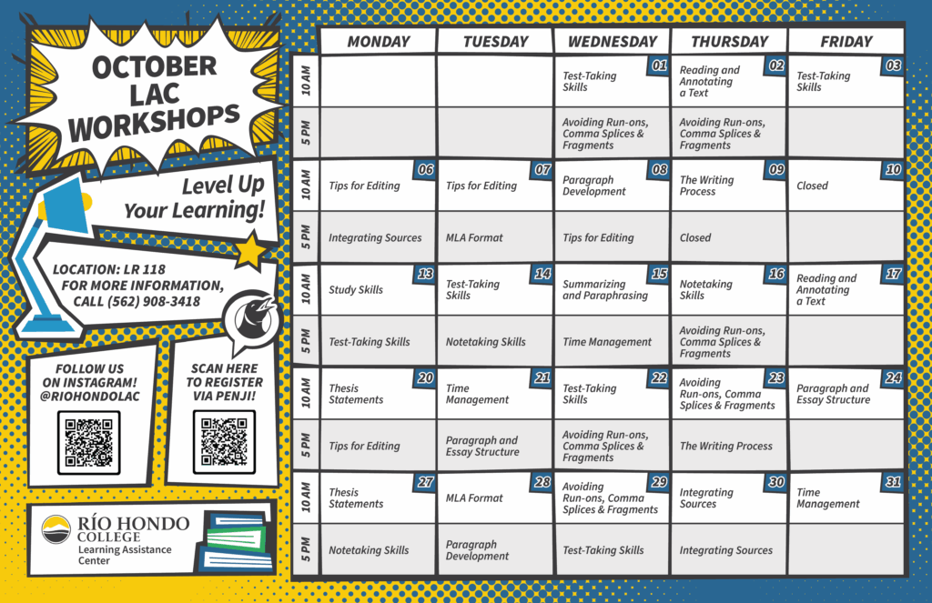 October workshop calendar for Rio Hondo College Learning Assistance Center, showing daily topics such as test-taking skills, writing, and time management, with times and room location provided.
