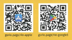 Two QR codes side by side; the left features the Apple App Store logo and the URL “gorio.page/rio-apple,” the right shows the Google Play logo and “gorio.page/rio-google1.”.
