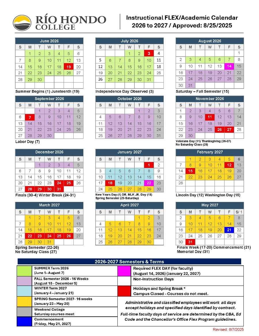 Río Hondo College 2026-2027 academic calendar showing semesters, holidays, breaks, and important dates, organized by month with color-coded events and a summary of semesters and terms at the bottom.