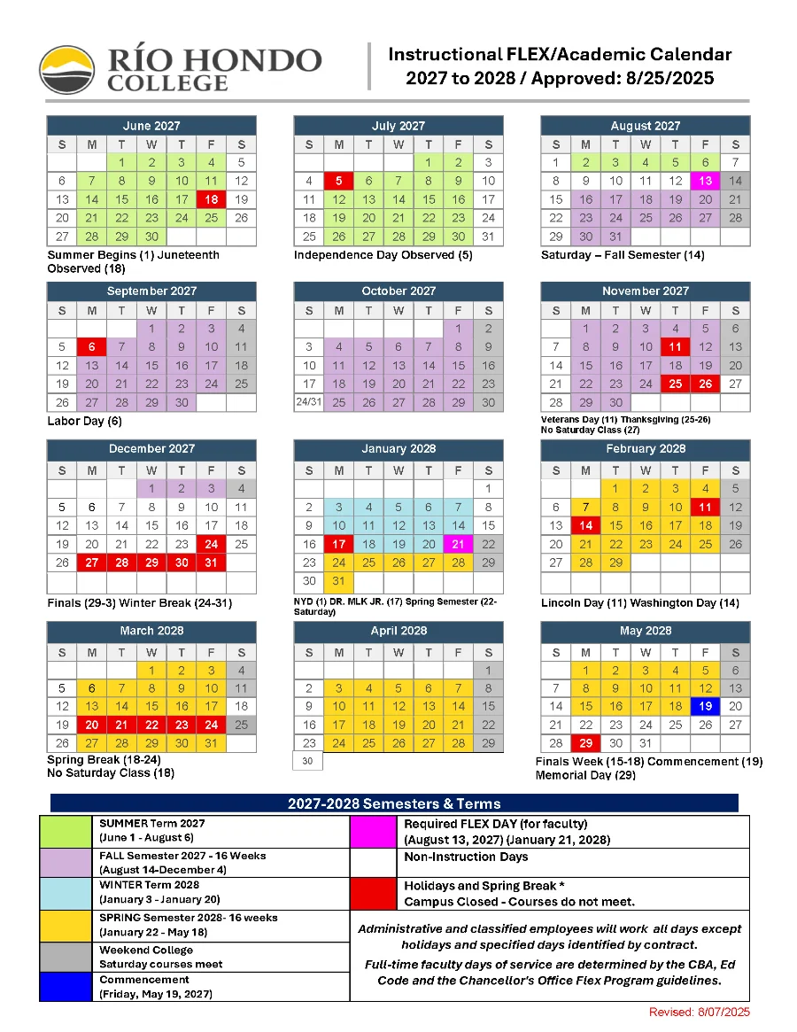 Río Hondo College instructional FLEX/academic calendar for 2027-2028, displaying months, holidays, term dates, breaks, and important deadlines in a grid layout.