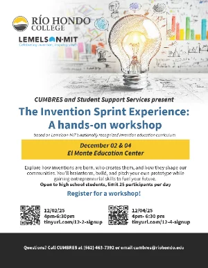 Flyer for "The Invention Sprint Experience: A Hands-on Workshop" at El Monte Education Center, Rio Hondo College, on December 2 and 4, with sign-up links and contact info provided.