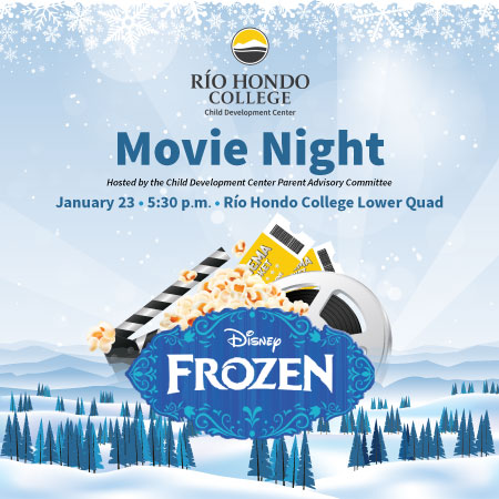 Promotional flyer for Río Hondo College Movie Night featuring Disney’s Frozen, with popcorn, film reel, and clapperboard on a snowy background. Event is January 23 at 5:30 p.m.