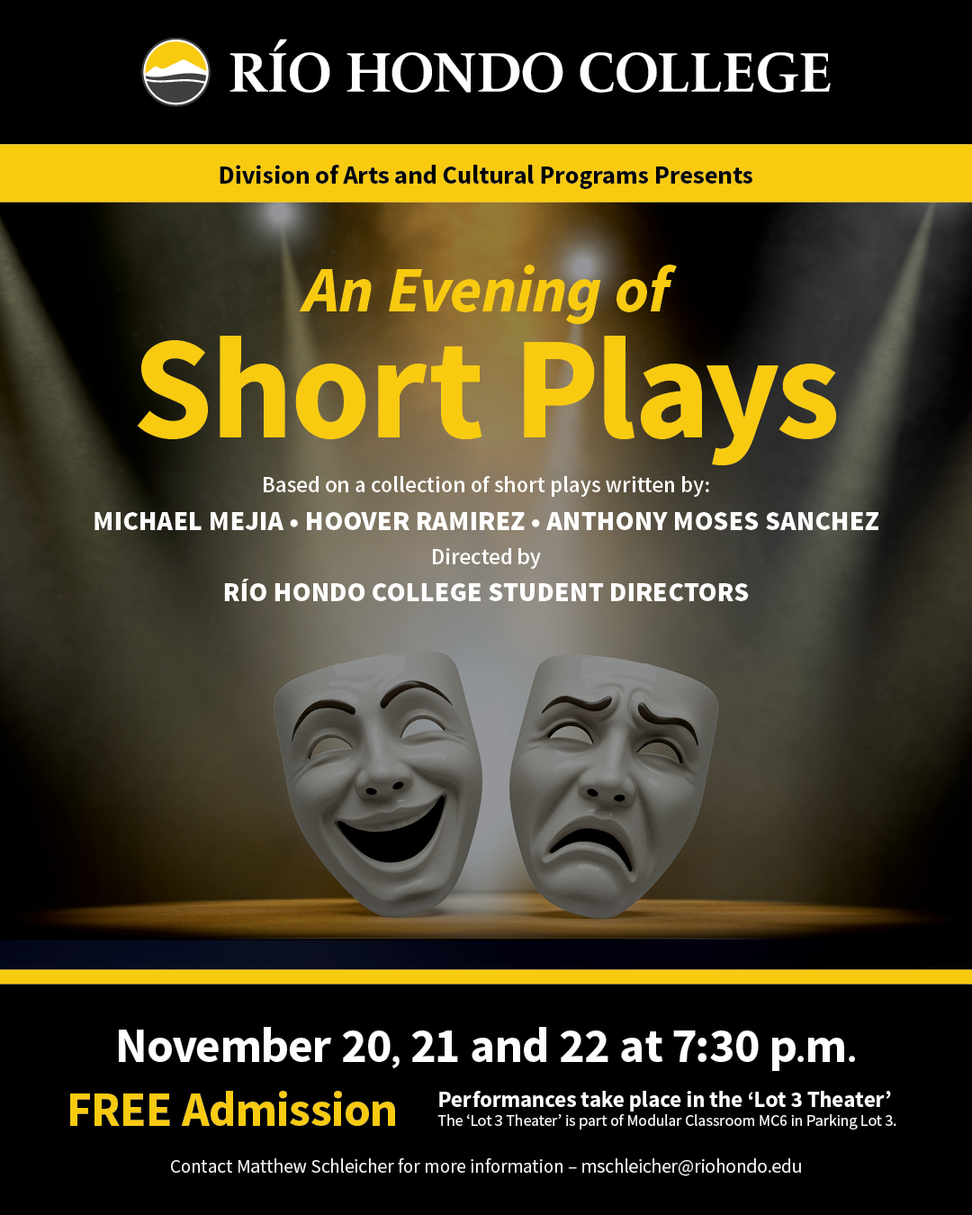 Poster for "An Evening of Short Plays" at Rio Hondo College, with theater masks and event details, including dates, times, free admission, and location information.