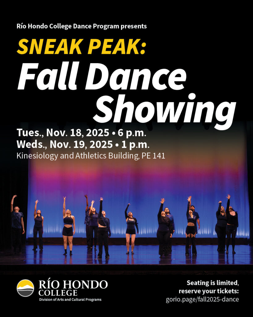 A group of dancers pose on stage with one arm raised. Text details the Río Hondo College Fall Dance Showing event dates, times, and ticket information.