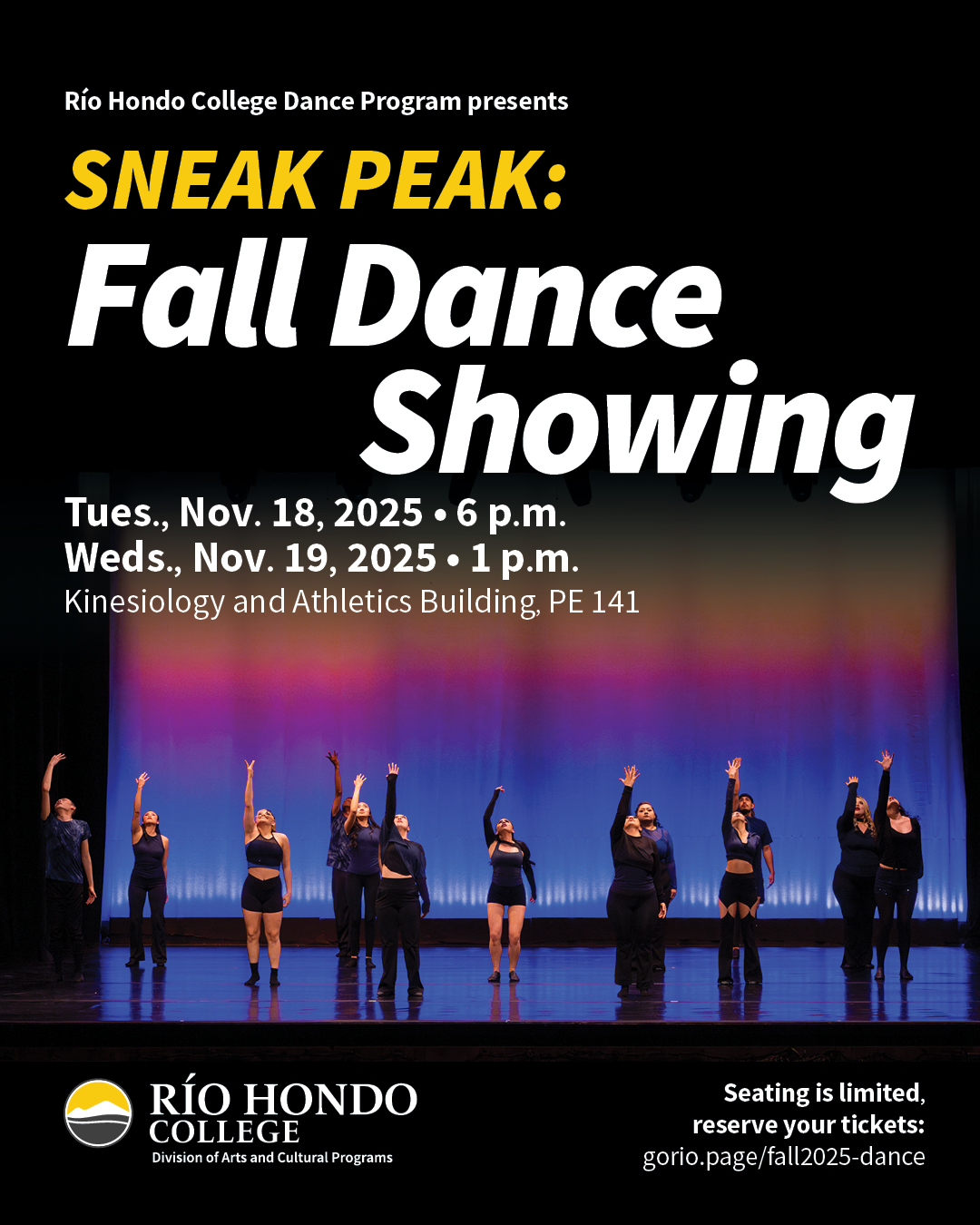 A group of dancers pose on stage with one arm raised. Text details the Río Hondo College Fall Dance Showing event dates, times, and ticket information.