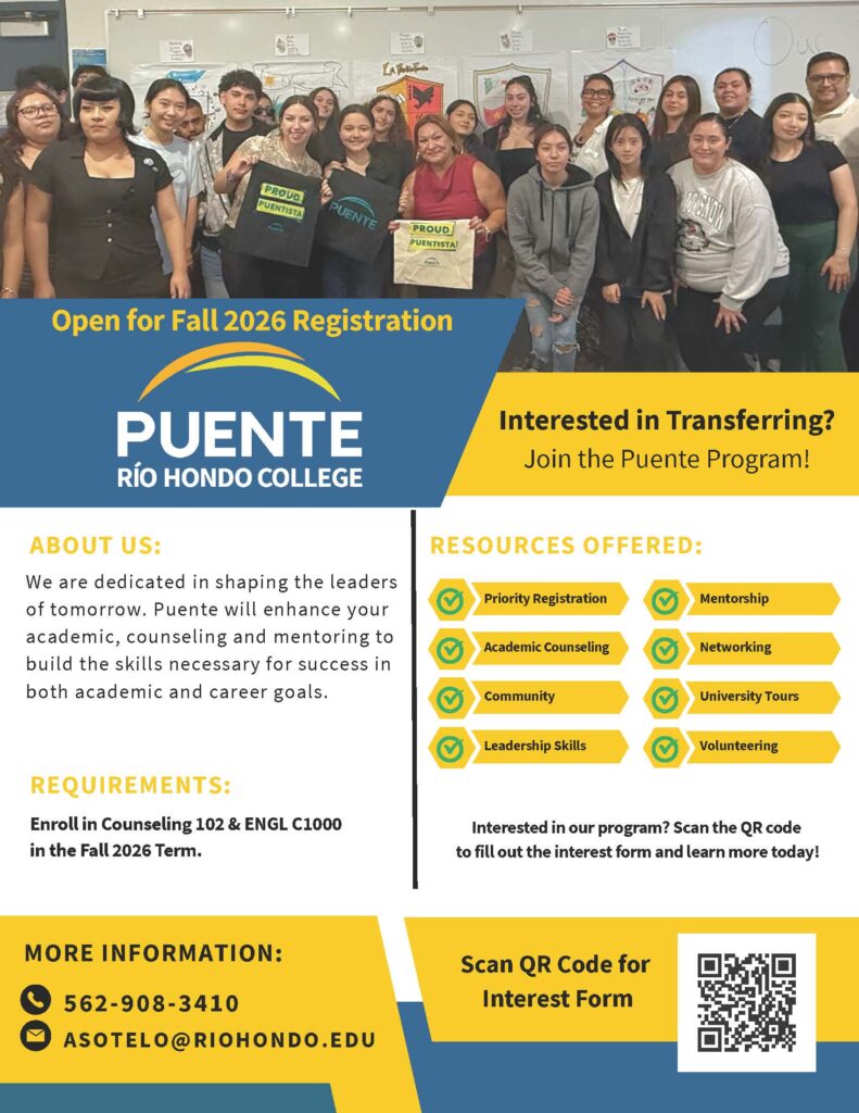A diverse group of people poses and smiles in a classroom for a promotional flyer about the Puente Program at Rio Hondo College, with registration and contact details visible.