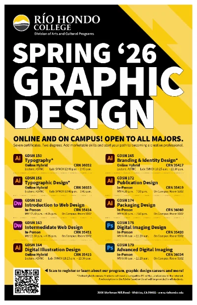Flyer for Río Hondo College’s Spring 2026 Graphic Design courses, listing class names, codes, schedules, and software icons, with registration and contact information at the bottom.
