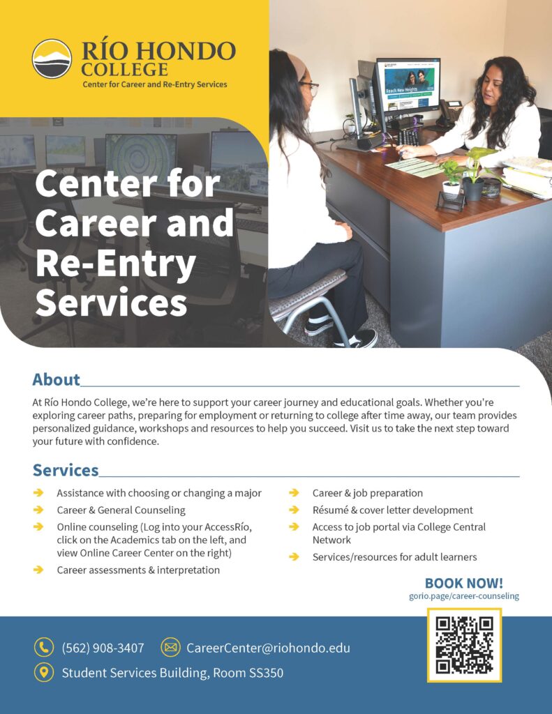 Two women sit across from each other at a desk in an office, discussing paperwork. Text describes Río Hondo College’s Center for Career and Re-Entry Services.