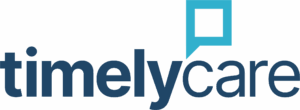 The TimelyCare logo features the word "timelycare" in lowercase blue letters, with a turquoise speech bubble above the "l".