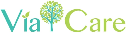 Via Care logo with a stylized tree between the words; the 'i' in 'Via' has a leaf, and the text is green and blue.