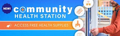 Banner for a community health station offering free health supplies, with icons for medical services and a person accessing a station.