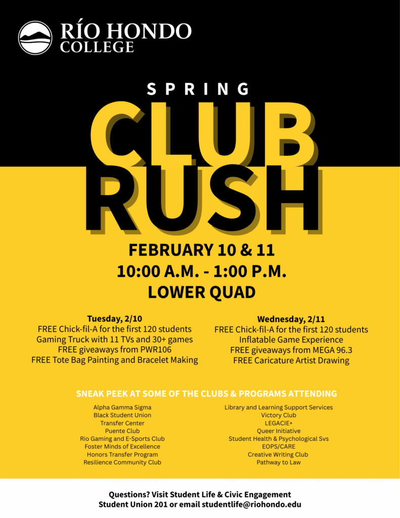 Spring Club Rush event flyer for Río Hondo College, detailing event dates, times, activities, and featured clubs, with a yellow and black color scheme.