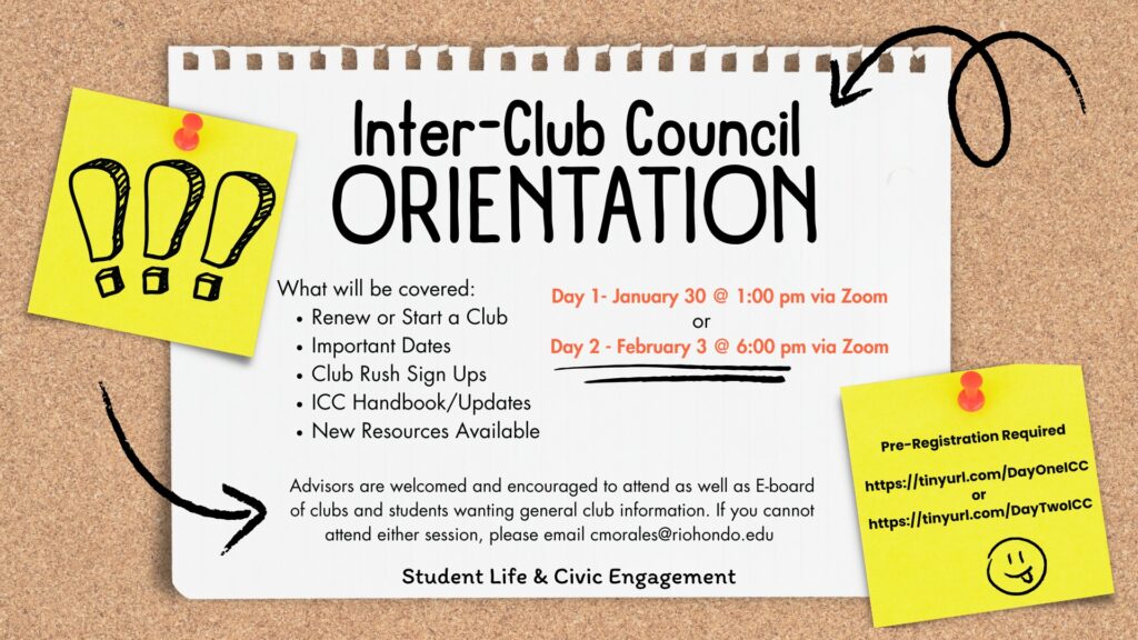 A flyer for the Inter-Club Council Orientation lists session dates, topics covered, contact info, and Zoom links. Yellow graphics and a pinned paper design highlight event details.