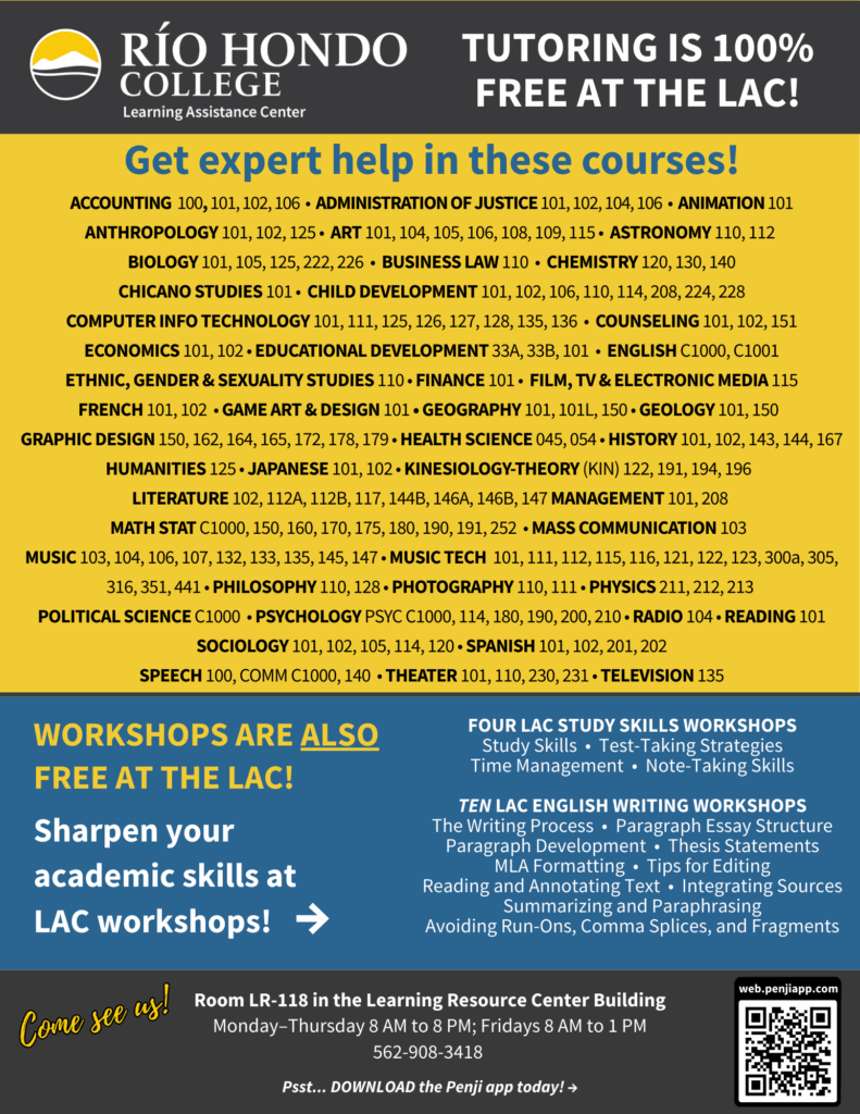 Flyer for Rio Hondo College Learning Assistance Center offers free tutoring and workshops for various subjects, includes list of courses, workshop topics, and contact information.