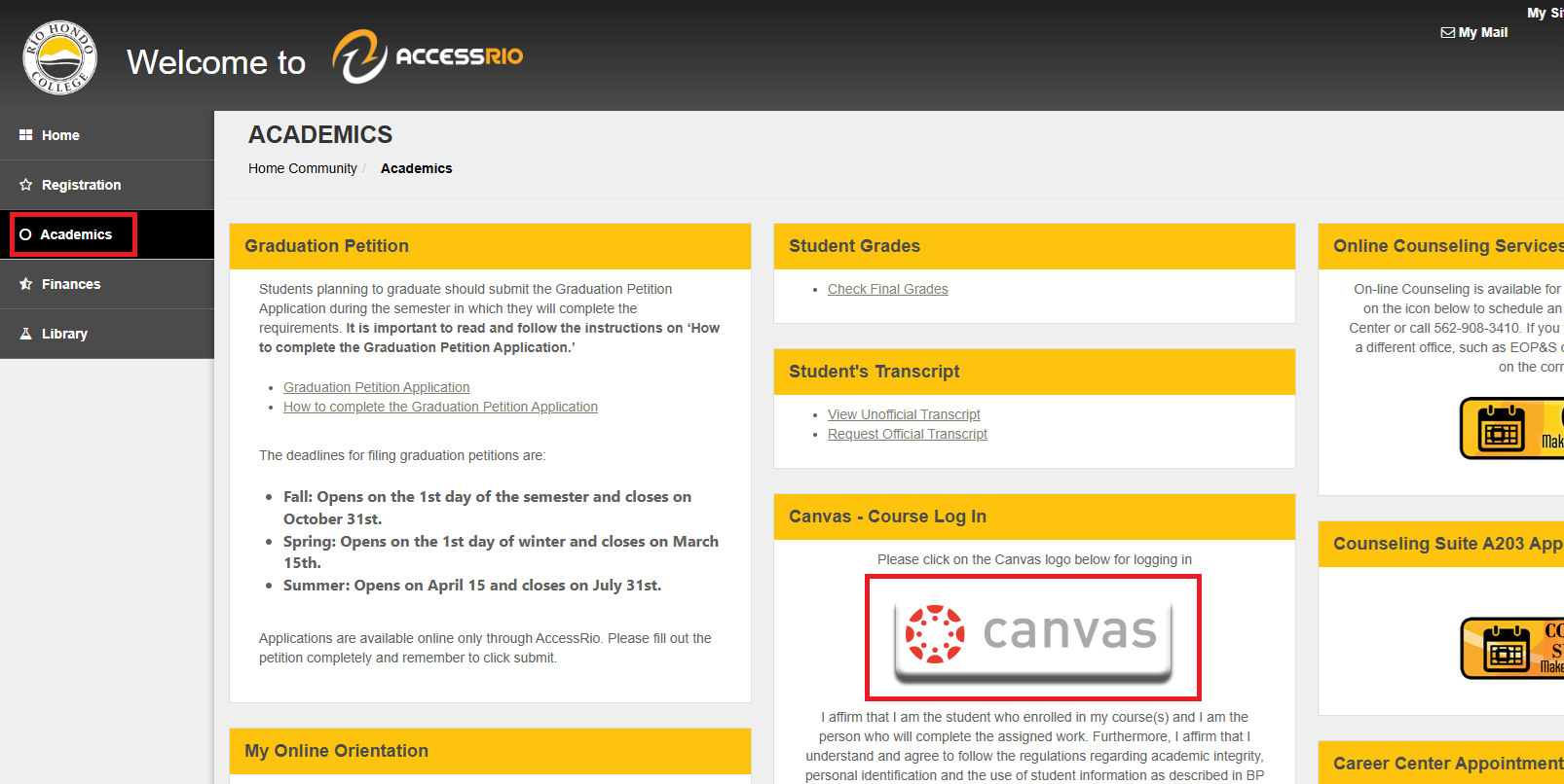 Screenshot of a student portal's Academics page showing menu options on the left and academic resources such as Graduation Petition, Student Grades, Transcript, and Canvas login on the right.