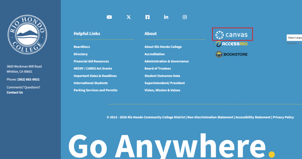 Rio Hondo College website footer with contact info, helpful links, and about section; Canvas, AccessRio, and Bookstore icons are visible in the top right.