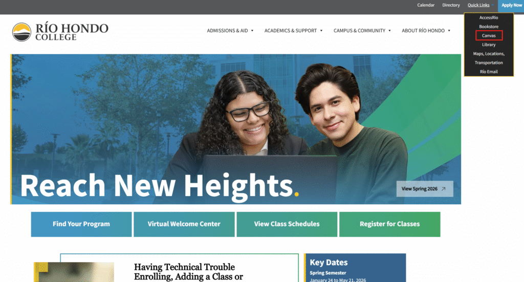 Two students sit together, smiling, in front of a laptop on the Rio Hondo College homepage with navigation and registration links visible.